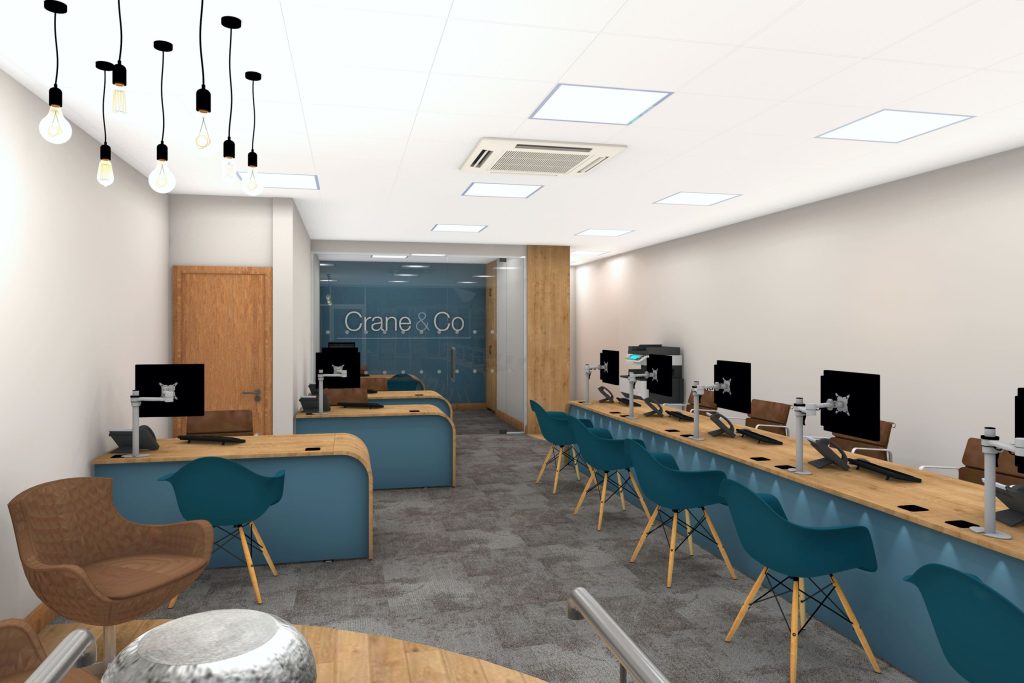 Long workstation for 5 negotiators.