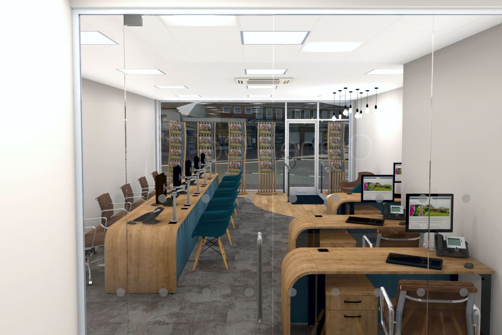 Estate agent office design with bespoke window displays and furniture.