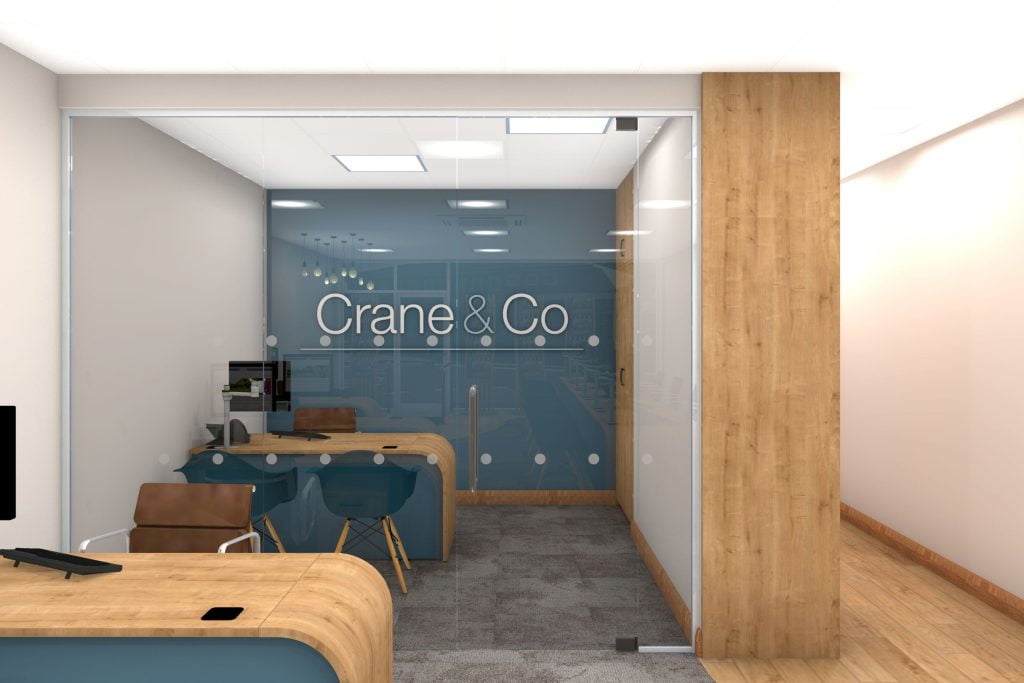 Glass partitioned office.