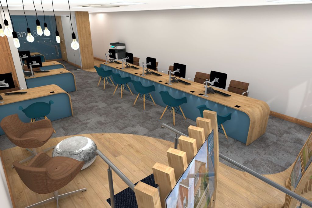 Office design showing desks with waterfall ends.