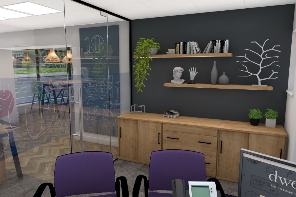 Glass partitioned office with floating shelves.