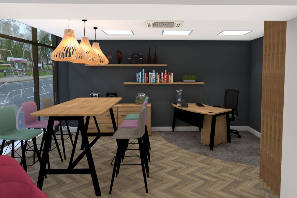 High level meeting area with feature lighting.