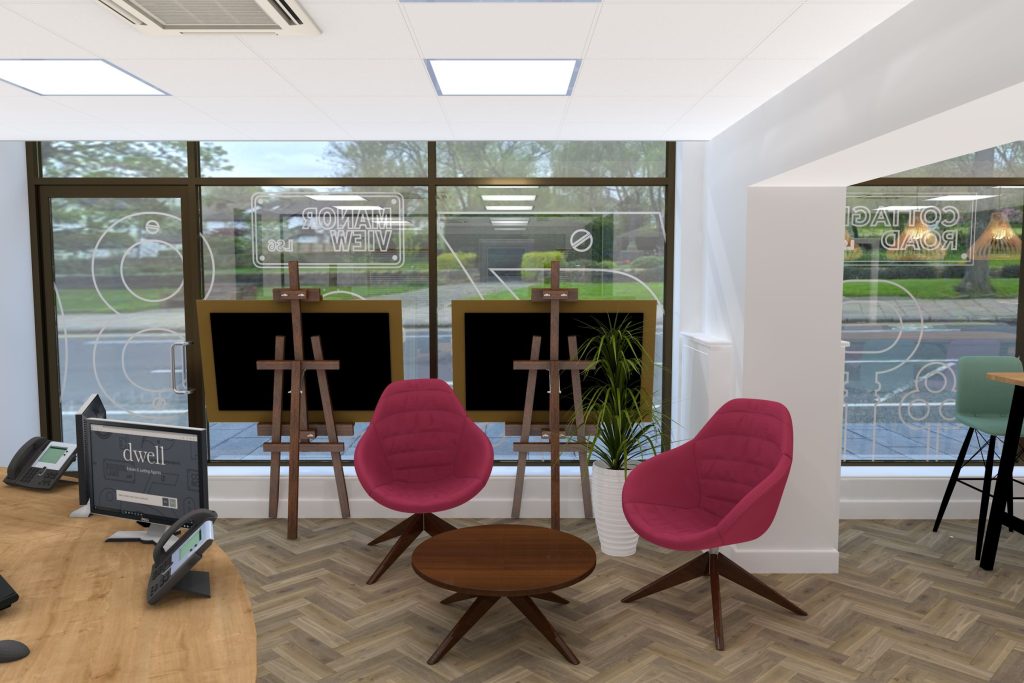 3D view of an estate agent reception area.