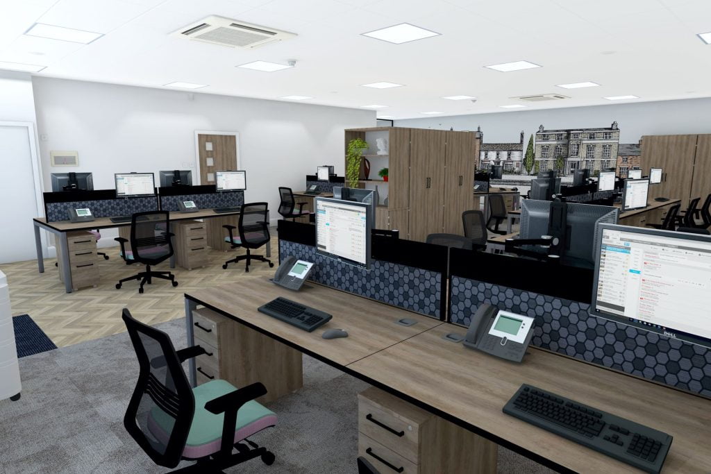 Design for a property management office with feature wallpaper.