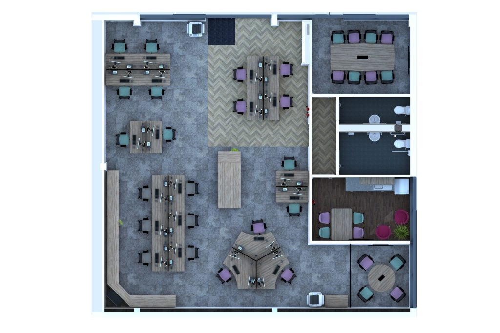 3D floor plan of a property management office.
