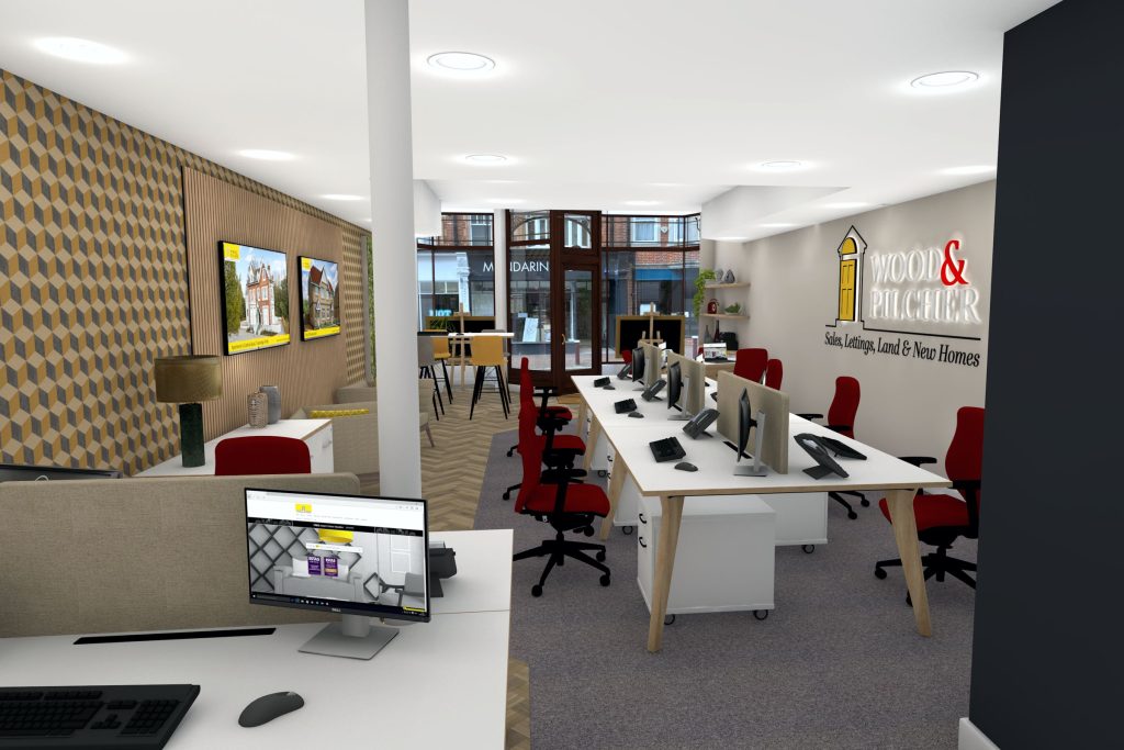 3D design visual of an estate agents office.
